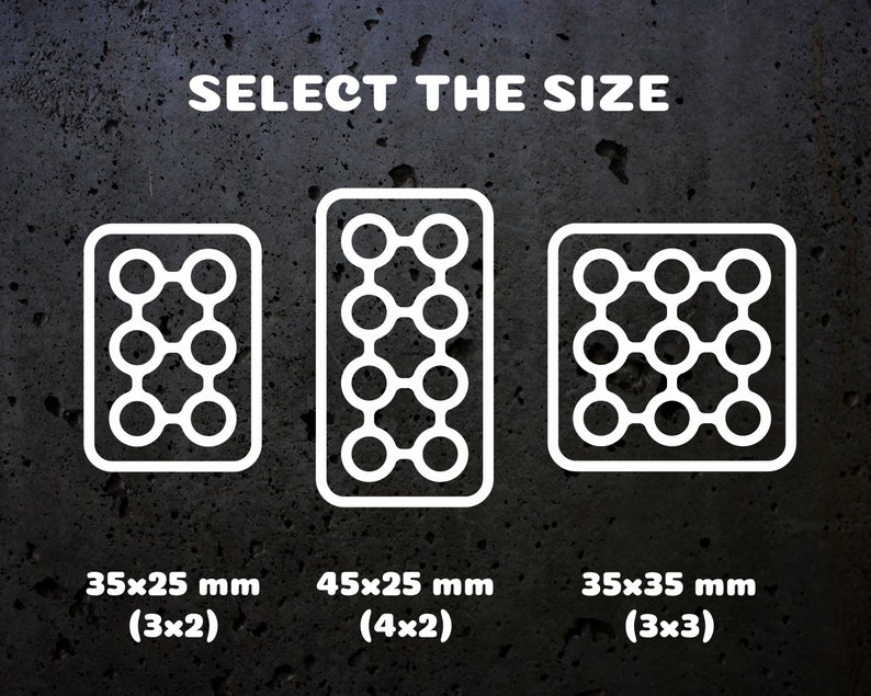 May include: Three different sizes of white metal grid panels with circles. The sizes are 35x25 mm (3x2), 45x25 mm (4x2), and 35x35 mm (3x3).