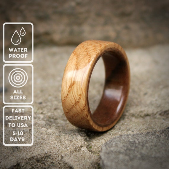 Unique Elegant and Comfortable Unisex Band Duplet Hard Wood Dark Ash and Acacia Wedding Promise Engagement Ring for Man and Woman