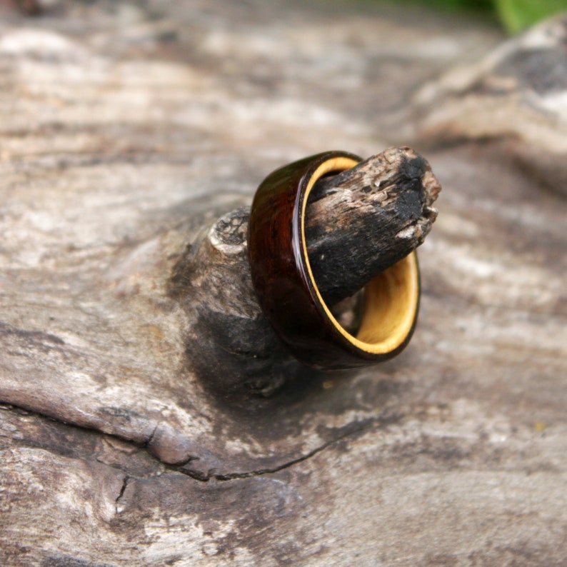 Unique Elegant and Comfortable Unisex Band Duplet Hard Wood Dark Ash and Acacia Wedding Promise Engagement Ring for Man and Woman