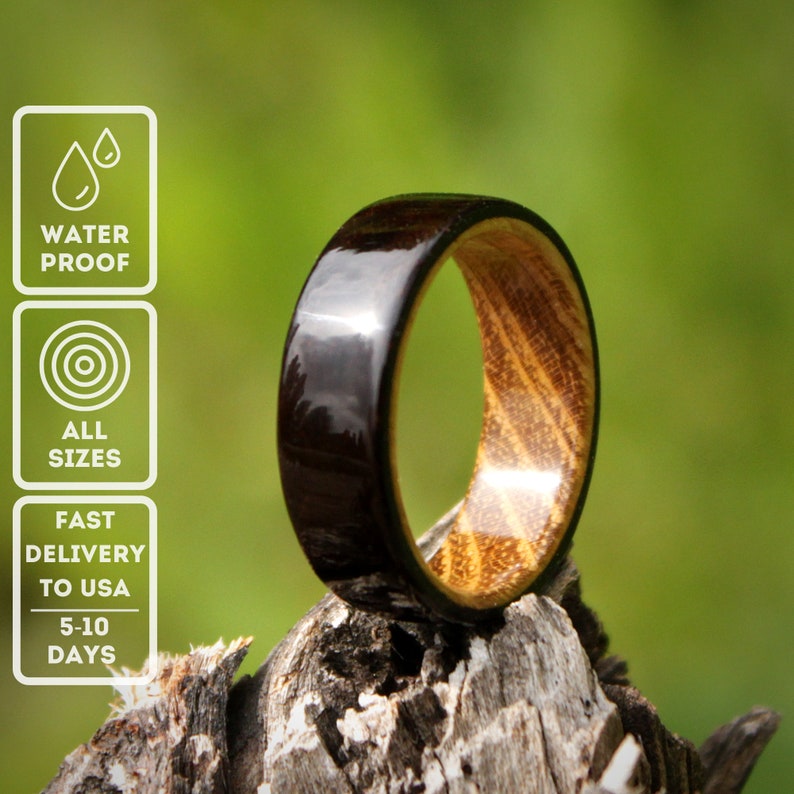 Unique Elegant and Comfortable Unisex Band Duplet Hard Wood Dark Ash and Acacia Wedding Promise Engagement Ring for Man and Woman