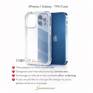 May include: Clear TPU phone case for iPhone or Galaxy models. The case is transparent, showcasing the phone's design. The text "iPhone / Galaxy - TPU Case" is at the top. The brand name "Jamaecase" is visible. The case is shown next to a blue phone.