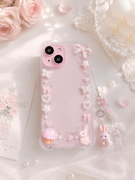 Pink Mushroom Rabbit Phone Case: Handmade Resin Charm