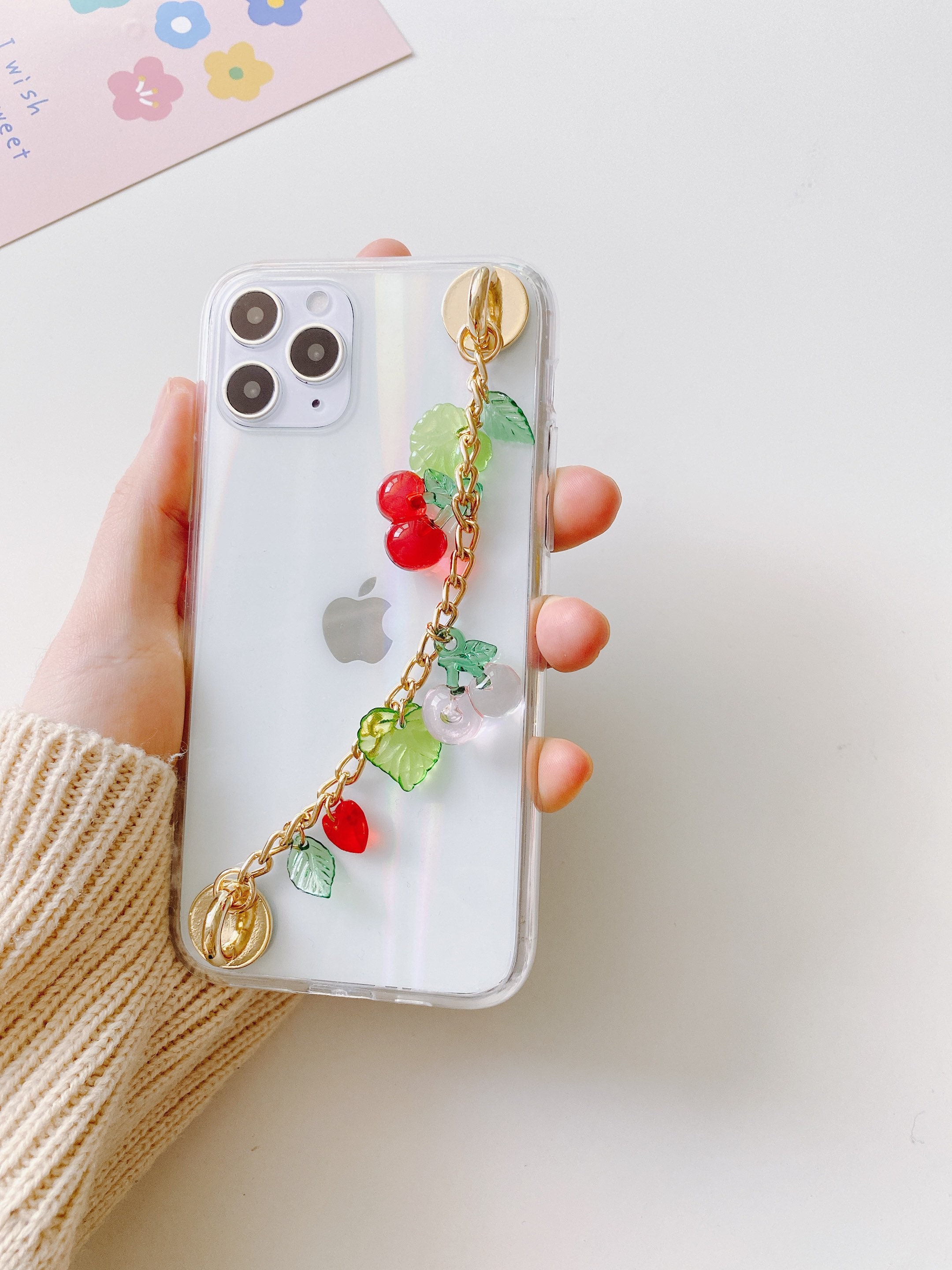 Cherry leaf bead chain holographic iphone case Etsy