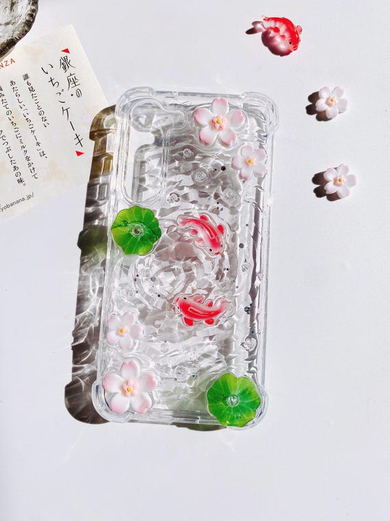 Red Koi Fish Lotus Flower Phone Case: Handmade Resin Art