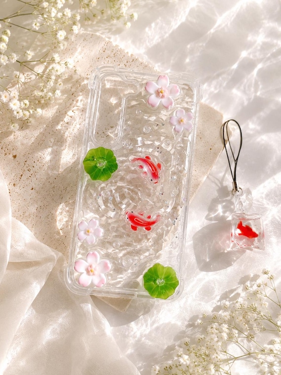 Red Koi Fish Lotus Flower Phone Case: Handmade Resin Art