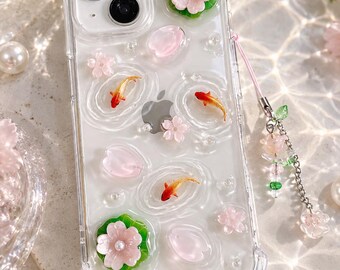 Lotus pink flower koi fish wave iPhone 18/17/16/15/14/13/12/11 Galaxy S26/S25/S24/S23/S22 case