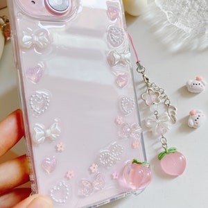 Coque en résine ruban rose pêche pour iPhone 16/15/14/13/12/11 Galaxy S25/S24/23/S22/S21