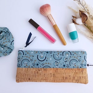 Personalized Cork Pencil Bag, Teacher Gift, Blue Floral Zipper Pouch, Make-up Bag, Cosmetics Bag, Pencil Bag, Vegan, Thank you Gift image 2