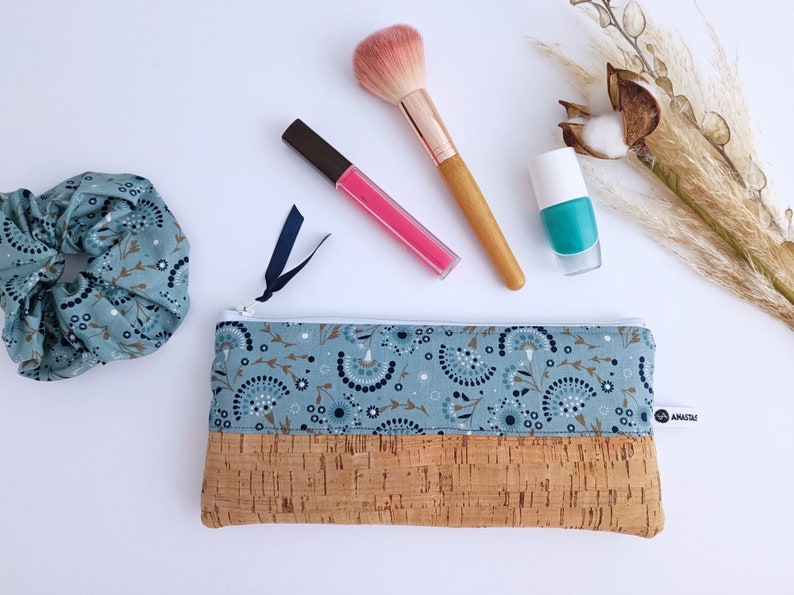 Personalized Cork Pencil Bag, Teacher Gift, Blue Floral Zipper Pouch, Make-up Bag, Cosmetics Bag, Pencil Bag, Vegan, Thank you Gift image 2