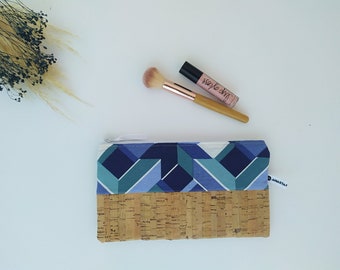 Blue Personalized Cork Pouch with Geometrical Shapes, Make-Up Bag