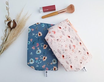 Floral Make-Up Bag, Cosmetics Zipper Bag, Light Orange Floral Purse, Padded Blue Floral Pouch, Sister Gift, Spring Gift, Mother's Day Gift