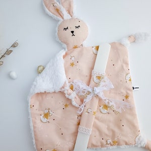 Baby Girl Easter Candle with Bunny Comforter, Lambatha Bunny Lovey Set, Cotton Bunny Cuddle Friend, Palm Sunday Candle, Newborn Easter Gift image 1