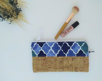 Cork Cosmetics Bag with Blue Flowers, Pencil Bag, Easter Gift