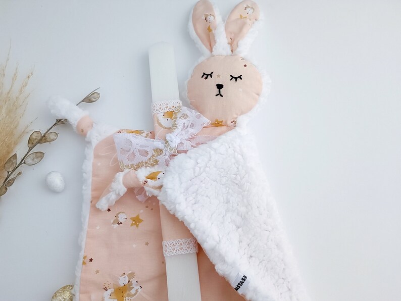 Baby Girl Easter Candle with Bunny Comforter, Lambatha Bunny Lovey Set, Cotton Bunny Cuddle Friend, Palm Sunday Candle, Newborn Easter Gift image 3