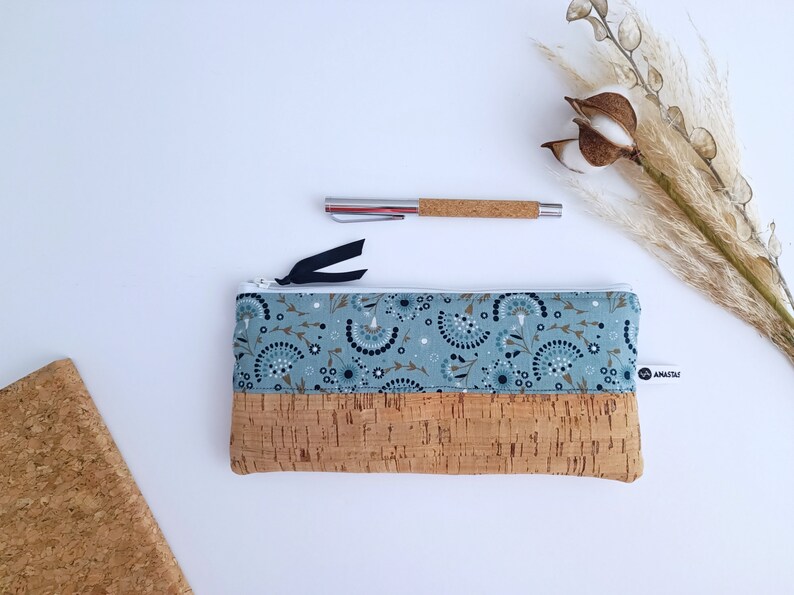 Personalized Cork Pencil Bag, Teacher Gift, Blue Floral Zipper Pouch, Make-up Bag, Cosmetics Bag, Pencil Bag, Vegan, Thank you Gift image 1