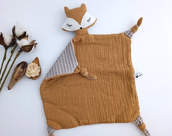 Fox Baby Comforter, Double Gauze Cotton & Waffle Lovey, Woodland Nursery, Security Blanket, Newborn Baby Gift