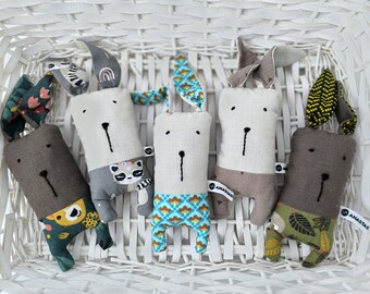 Linen Bunny Rattle Toy, Rabbit Stuffed Toy, Newborn Sensory Gift, Baby Shower Gift, Gender Neutral, Handmade Montessori Rattle, New Baby