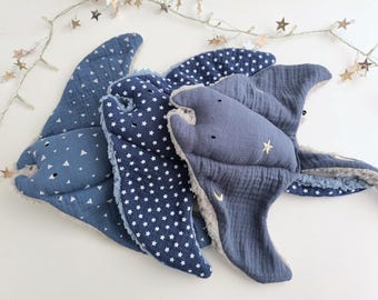 Handmade Manta Ray Baby Comforter, Blue Double Gauze Cotton Lovey, Sherpa Plush