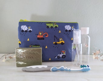 Wash Bag for Boys with Trucks, Kids Toiletry Bag, Cosmetics, Blue Waterproof Travel Pouch, Vehicles Zipper Bag, Christmas Gift for Grandson