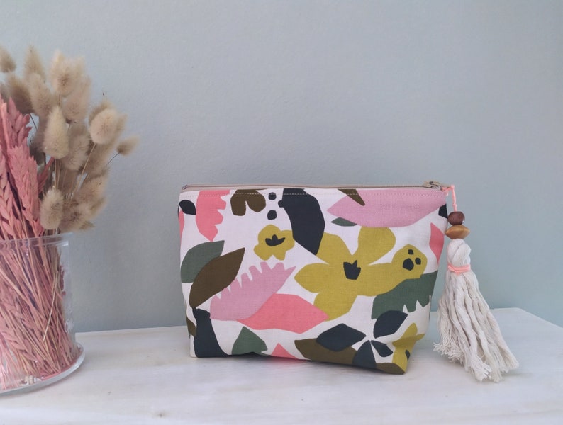 Abstract Floral Zipper Bag, Large Purse, Cosmetics Bag, Mother's Day Gift, Make-up Bag, Loneta Fabric, Sister Gift, Spring Gift image 1