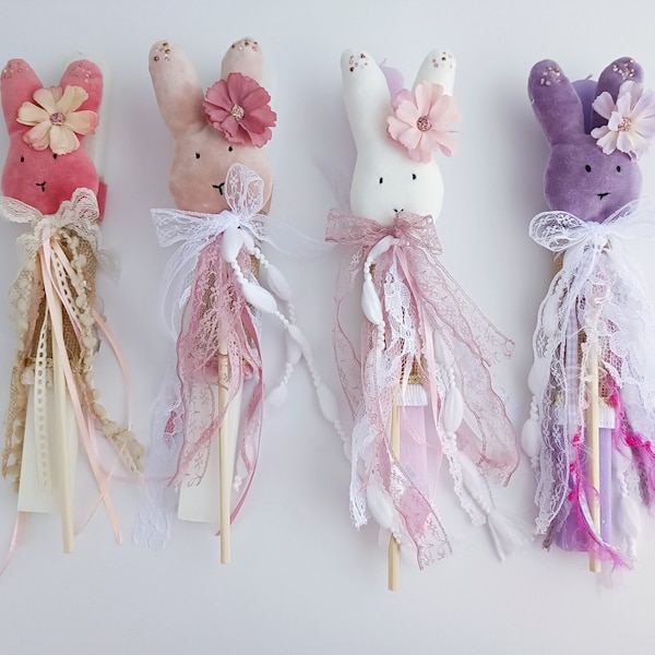 Greek Easter Candle Bunny Wand, Kids Handmade Fabric Bunny Rabbit Wand, Spring Easter Candle Toddlers, Easter Gift, Godchild Easter Lambatha