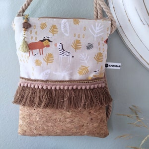 Girls Boho Bag with Safari Animals, Large Cork Purse image 2