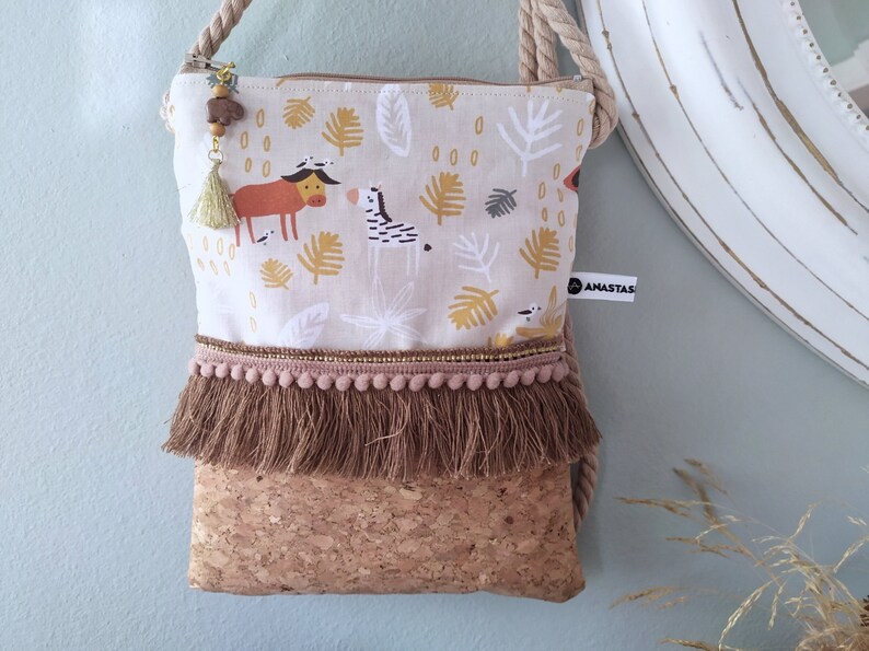 Girls Boho Bag with Safari Animals, Large Cork Purse image 2