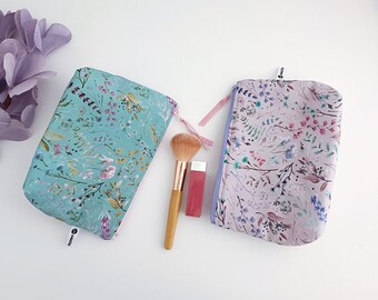 Floral Make-Up Bag, Cosmetics Zipper Bag, Lavender Large Purse, Turquoise Padded Floral Pouch, Mother's Day Gift, Sister Gift, Spring Gift