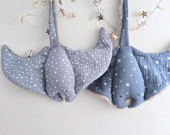 Handmade Manta Ray Baby Comforter, Medium Sized Blue Double Gauze Cotton & Sherpa Ocean Lovey