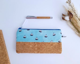 Blue Pencil Bag with Sailboats, Nautical Pouch, Make-up Bag, Cosmetics, Cork Zipper Bag with Boats, Vegan, Thank you Gift for Teachers