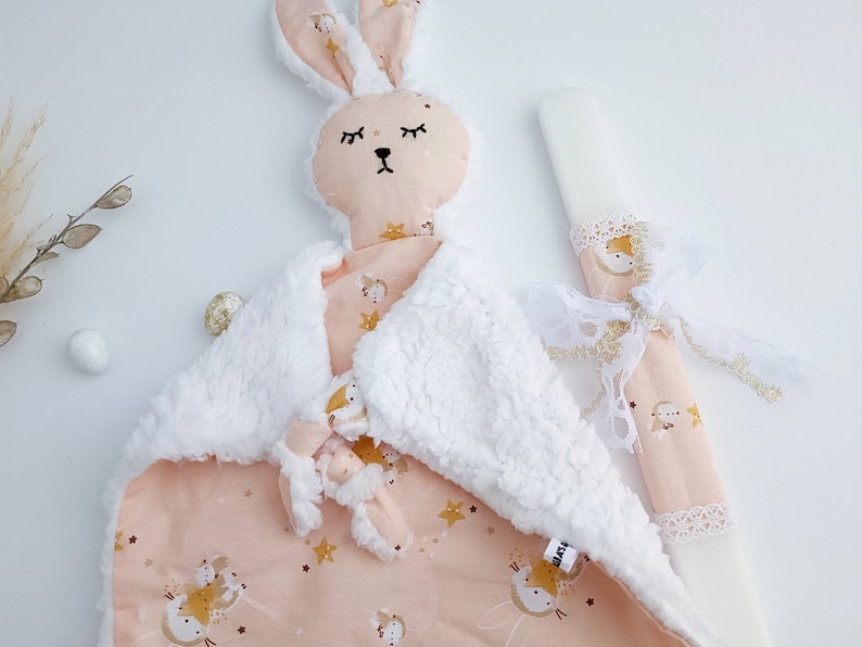 Baby Girl Easter Candle with Bunny Comforter, Lambatha Bunny Lovey Set, Cotton Bunny Cuddle Friend, Palm Sunday Candle, Newborn Easter Gift image 4