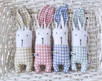 White Bunny Rattle Toy, Linen & Pastel Checkered Gauze Rabbit Rattle, Sensory Toy, Newborn gift, Baby Shower, Easter Basket Baby Gift