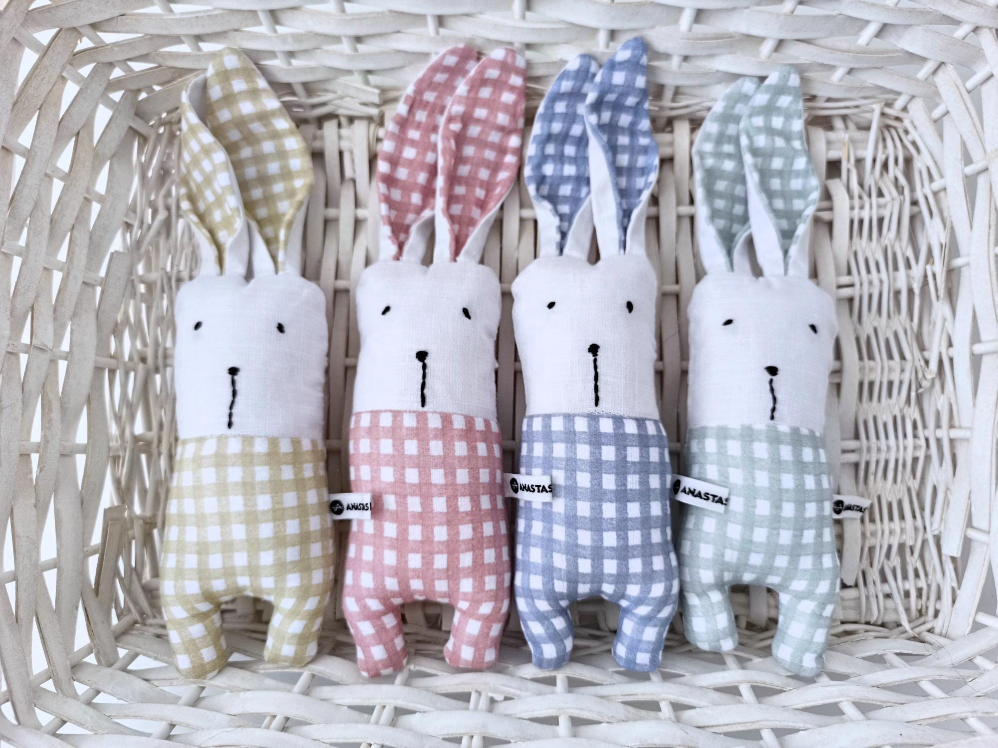 Handmade Gingham Bunny Rattle: Linen & Cotton Sensory Toy
