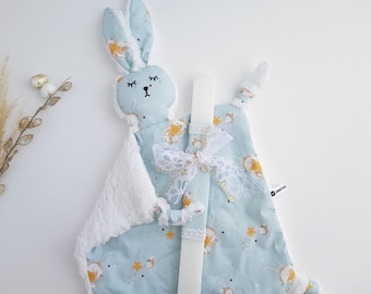 Baby Boy Easter Candle with Bunny Lovey, Cotton Bunny Cuddle Friend, Palm Sunday Baby Candle, Lambatha Bunny Comforter, Newborn Easter Gift