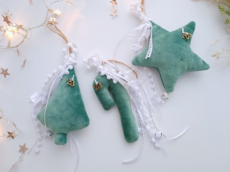 2024 Estrella griega de terciopelo con amuleto de buena suerte, adornos navideños verdes azules, decoraciones colgantes para árboles de Navidad, regalos de Navidad para maestros imagen 3