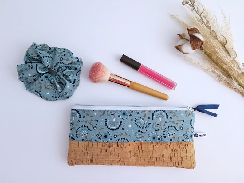 Personalized Cork Pencil Bag, Teacher Gift, Blue Floral Zipper Pouch, Make-up Bag, Cosmetics Bag, Pencil Bag, Vegan, Thank you Gift image 3