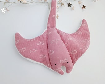 STINGRAY Baby Comforter, Manta Ray Animal Lovey, Double Gauze Cotton Ocean Toy, Cuddle Soft Sea Animal, Pink Doudou, Christmas Baby Gift