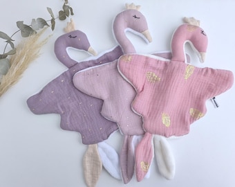 Handmade Swan Baby Comforter, Double Gauze Cotton & Minky Security Blanket, Bird Lovey