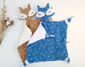 FOX Animal Baby Comforter, Camel and Blue Fox Lovey, Double Gauze Cotton Dandelion Print, Unisex Baby Shower, Cuddle Friend, New Baby Gift