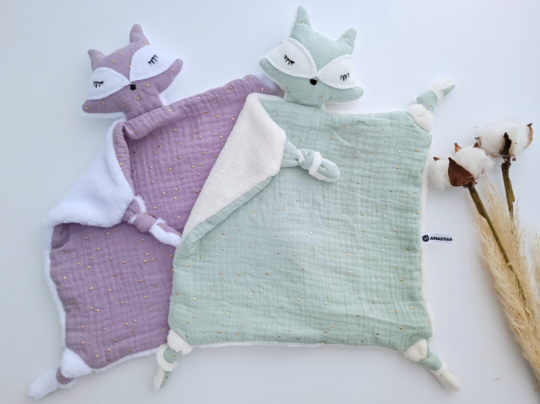 FOX Double Gauze Baby Comforters, Animal Fox Loveys, Lilac, Mint, Baby Security Blankets, Muslin