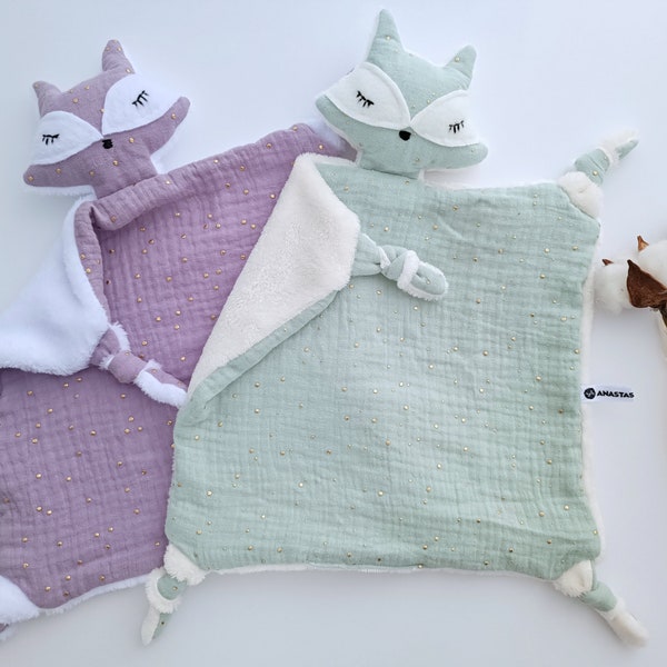 Doudous bébé double gaze FOX, Animal Fox Loveys, Lilas, Menthe, Couvertures de sécurité bébé, Mousseline coton Renard Animal, Baby Shower, Cadeau naissance