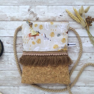 Girls Boho Bag with Safari Animals, Large Cork Purse image 1