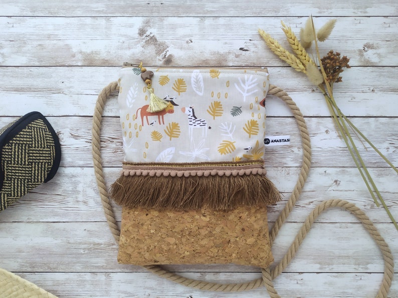 Girls Boho Bag with Safari Animals, Large Cork Purse image 1