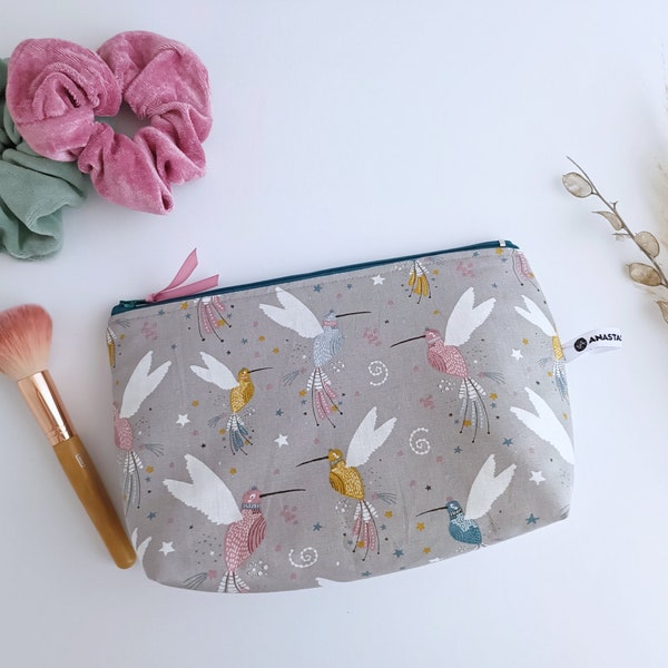 LARGE Make-up Bag with Colibri Birds, Cosmetics Bag, Wash Bag, Zipper Pouch, Birds Lover Gift, Travel Gift, Waterproof Toiletry Bag