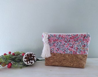 Cork Cosmetics Bag with Berry Flowers, Floral Zipper Pouch, Christmas Gift
