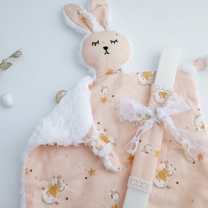 Baby Girl Easter Candle with Bunny Comforter, Lambatha Bunny Lovey Set, Cotton Bunny Cuddle Friend, Palm Sunday Candle, Newborn Easter Gift image 2