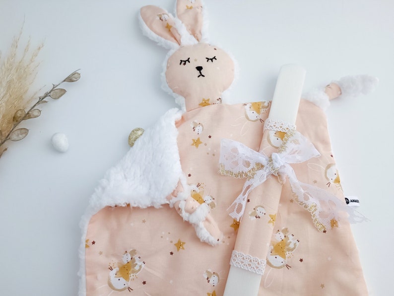 Baby Girl Easter Candle with Bunny Comforter, Lambatha Bunny Lovey Set, Cotton Bunny Cuddle Friend, Palm Sunday Candle, Newborn Easter Gift image 2