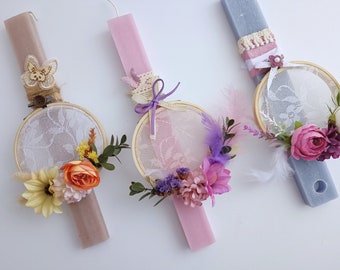 Girls Greek Easter Candle with Flower Embroidery Hoop Decoration Aromatic Lampada, Pascha, Lampada for Woman, Personalized Easter Lambatha
