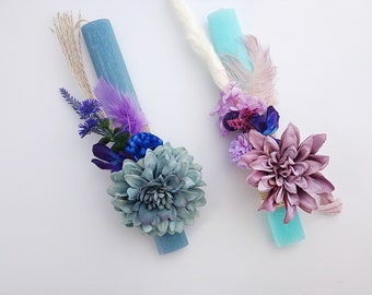 Easter Lambatha for Teenage Girls with Dalhia Flower, Pink Flower Clip Palm Sunday Candle, Blue Lampada, Goddaughter Greek Easter Candle