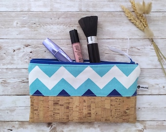 Cork Zipper Pouch, Blue Cosmetics Bag, Vegan Gift